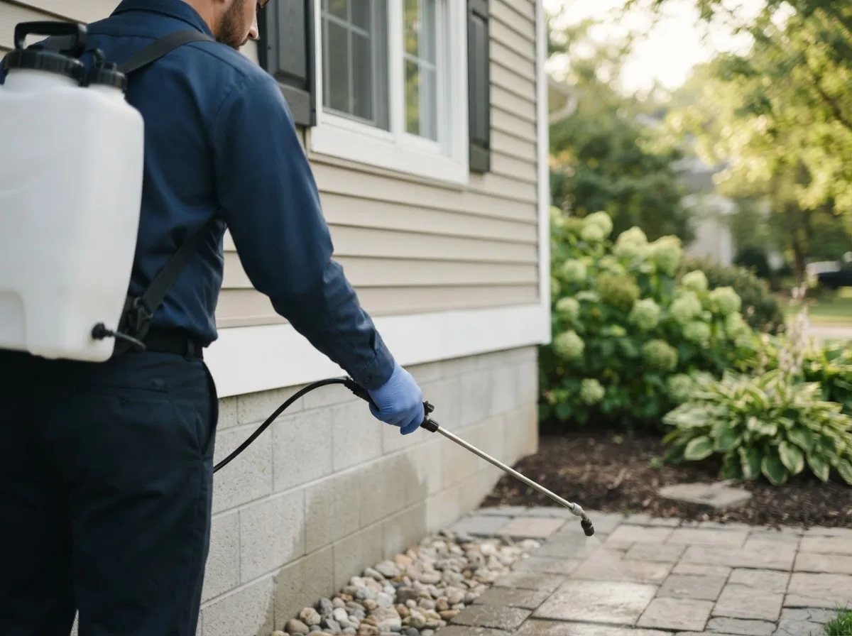 Pest control technician inspecting a home in Hadley, NY